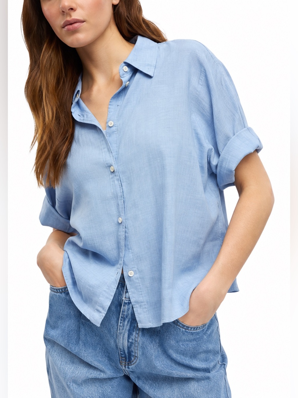 TAHARI 100% Linen Light Blue Button-Up Top Size S